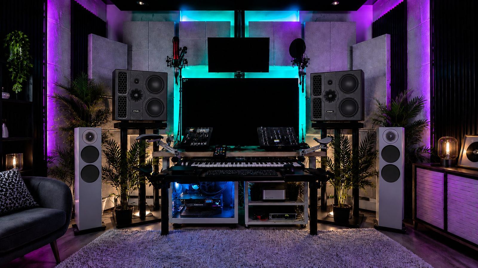 The Melody Matters studio: PMC monitors, desk and keyboard under cyan and purple light